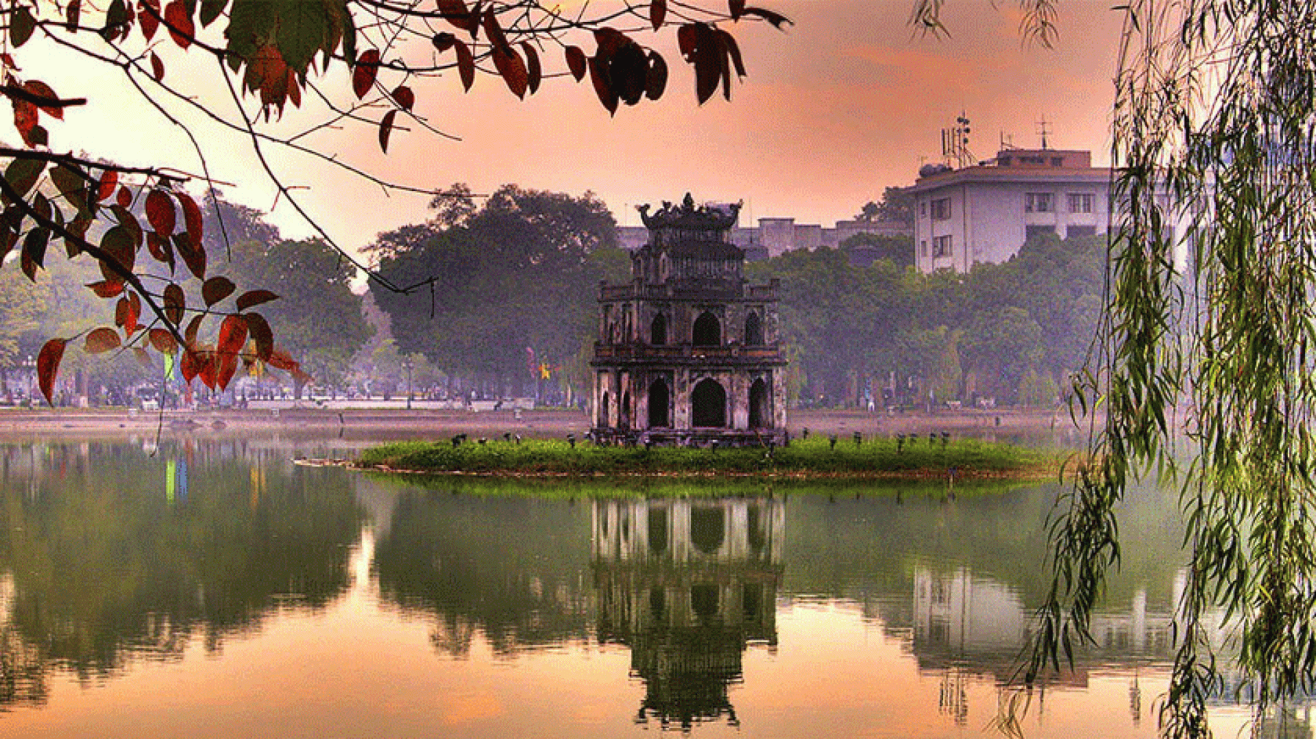 Hoan Kiem Lake iconic Turtle Tower Hanoi walking distance from Dong Xuan Market